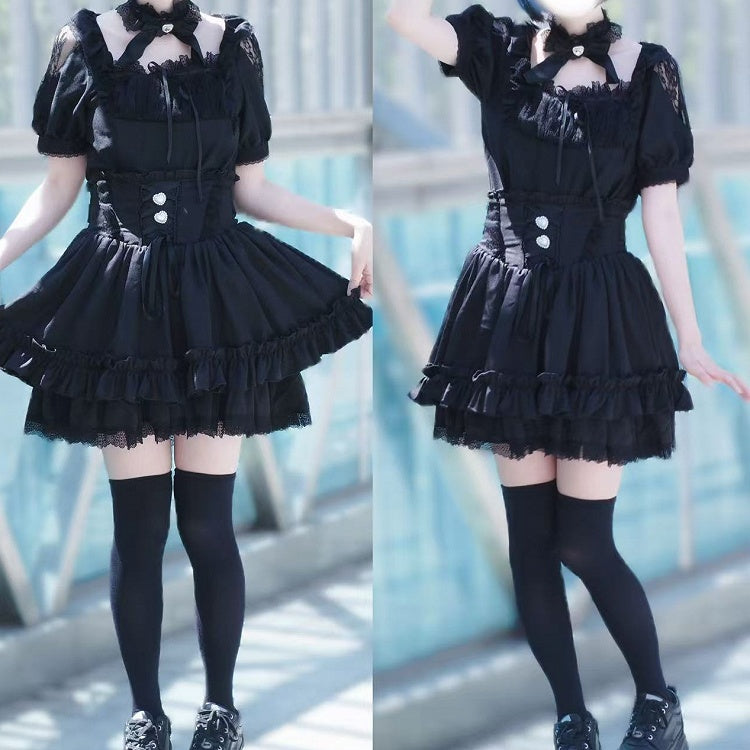 Shoulder Square Black Set: Color Corset Jirai Kei + Blouse Skirt Lace-Up Neck Style Cutout All
