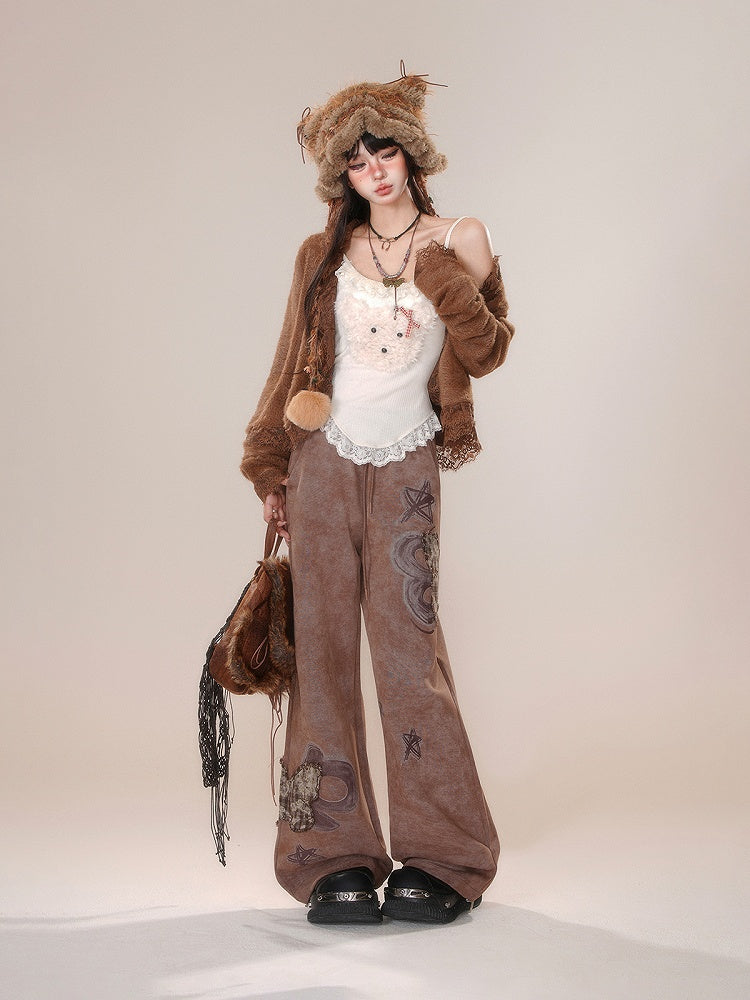 ワイドレッグアップリケチェックカットブラウンバタフライパンツ