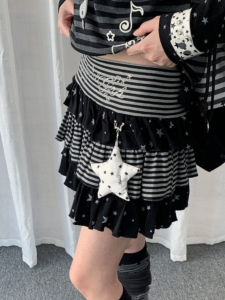 Two-Color Layered Ruffle Star and Stripe Skirt Set with Pendant - Solkatt