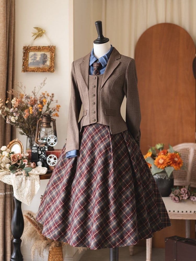 Preppy Tonal Style Plaid Overall Skirt Tie Vintage with High Red Waist