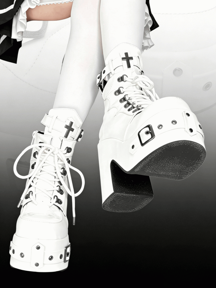 White Gothic Platform 12CM High Heel Boots with Buckle & Spiderweb Design - Transfer Student