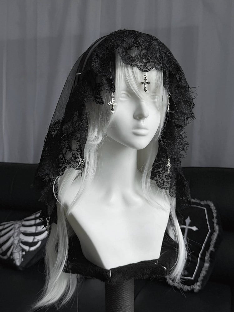 with Lace Gothic Black/White Cross Veil Lolita Charms