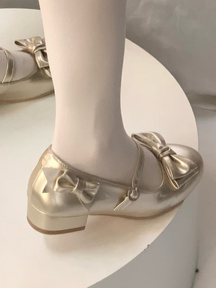 Gold Vintage Round Toe Lolita Shoes with Bow - Unmissable Berry