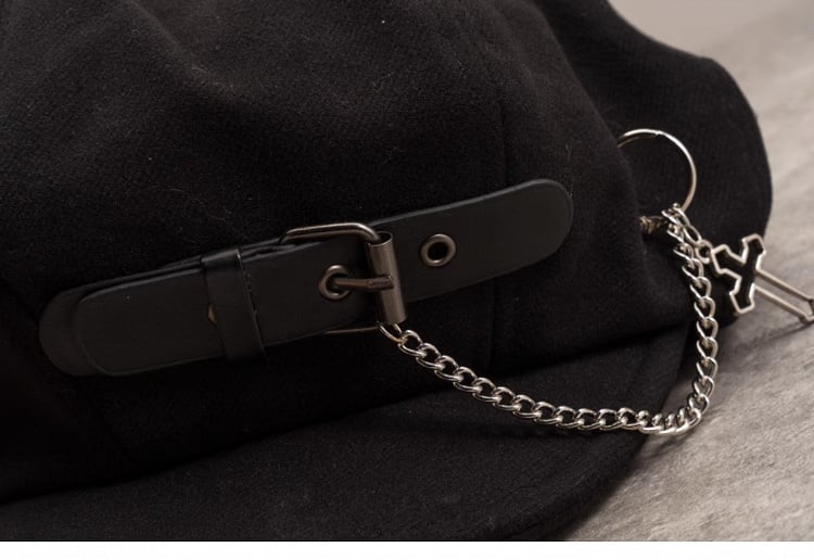 Gothic Beret Chain Buckle with Black Handmade PU Cross