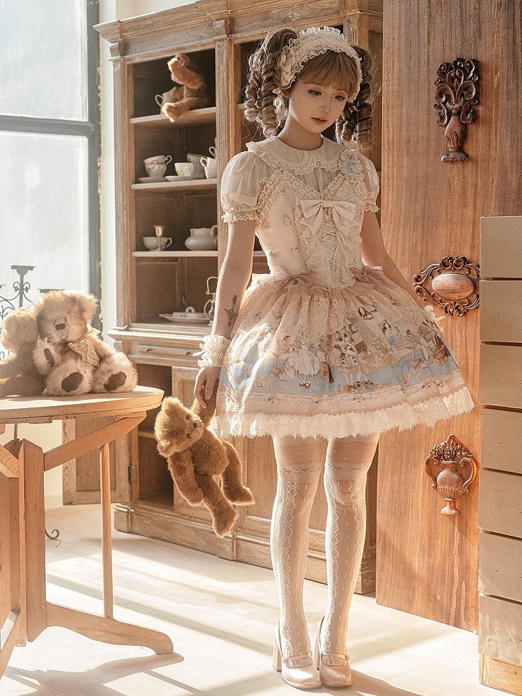 Sweet Kitty Party Lolita Beige Teerock Mieder Pullover Korsett Print Kleid