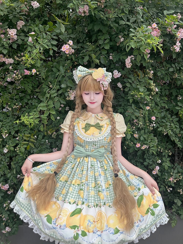Chick Lolita Waist High Print Green Gingham and Lemon Dress Sweet