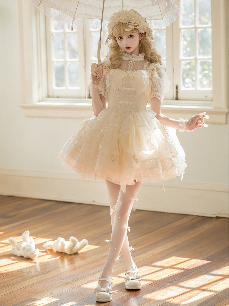 Kleid Prinzessin Lolita Weiß Taille auf und Band Schleifen Perlen Baskenrock Creme