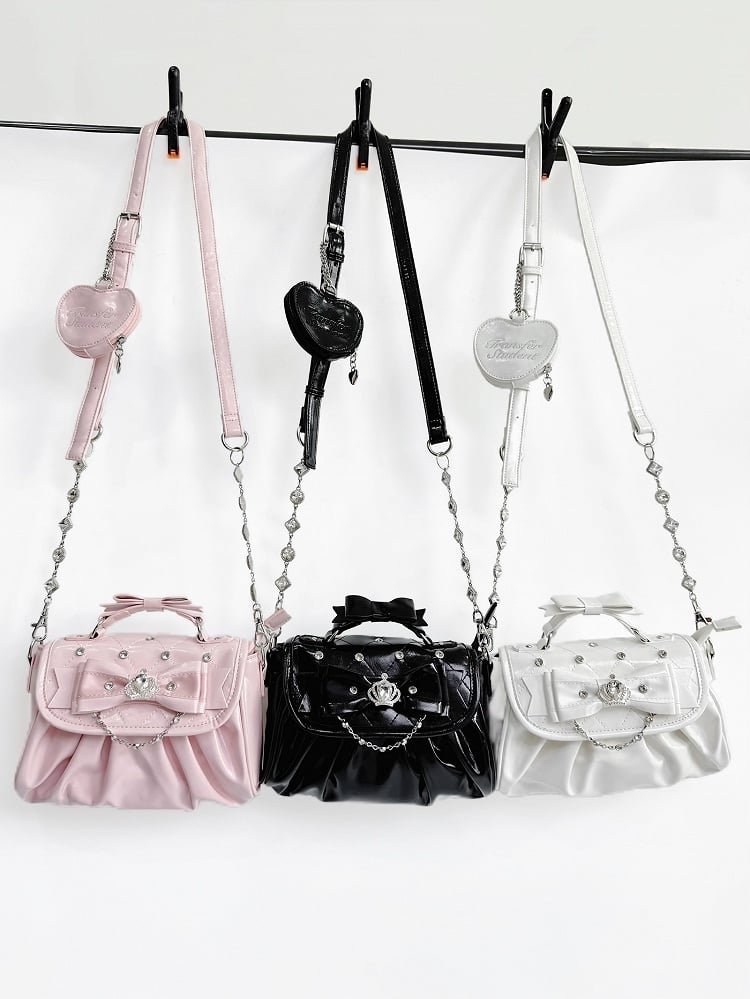 Hand/Crossbody Kei Rhinestone Detachable White Accent Bag Crown-Embellished Strap Bow in Jirai