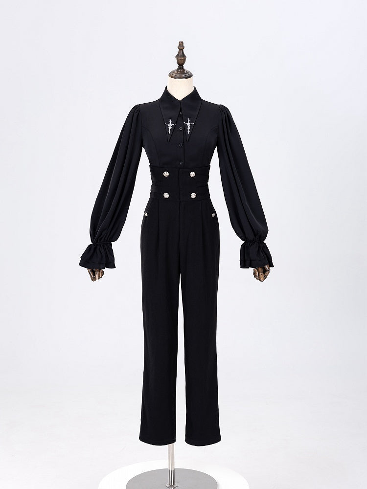 Foldover Pointed Collar Shirt with Embroidered Cross Motif - DevilInspired Exclusive Collection