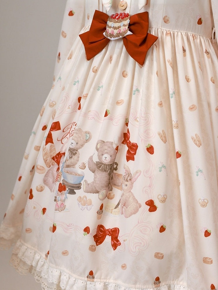 Peter Pan Collar Bear & Cake Print OP Dress with Bow - Honey Village