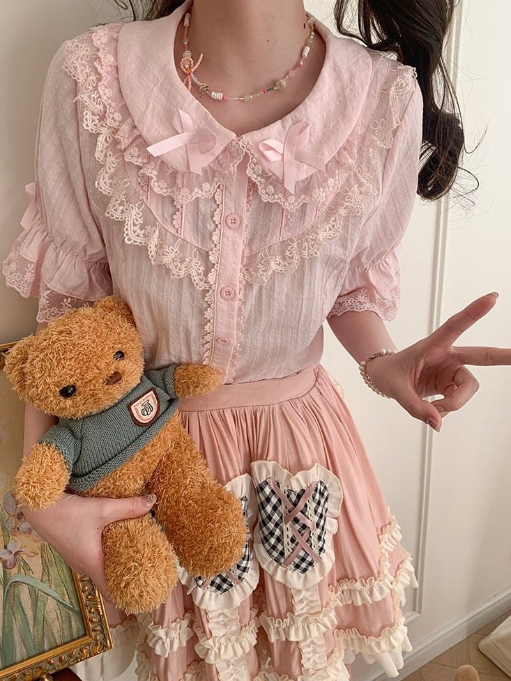 Pink Lolita Lace Doll Neck Blouse - Lan Jian Chuan
