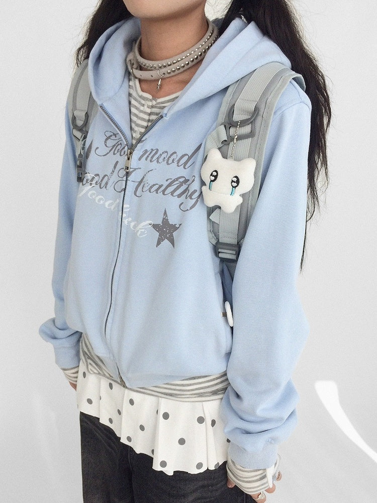 with Faded Blue Two-way Letter Hooded Light Zip Placket - Jacket Wash