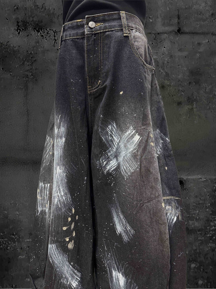 Distressed Graffiti Jeans Paint Wide-Leg and with Black Splatter Cross