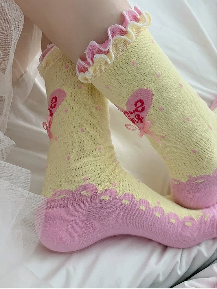 Polka Dot Heart Ankle Socks with Ruffle Lace Trim, 8 Colors - ROJI ROJI