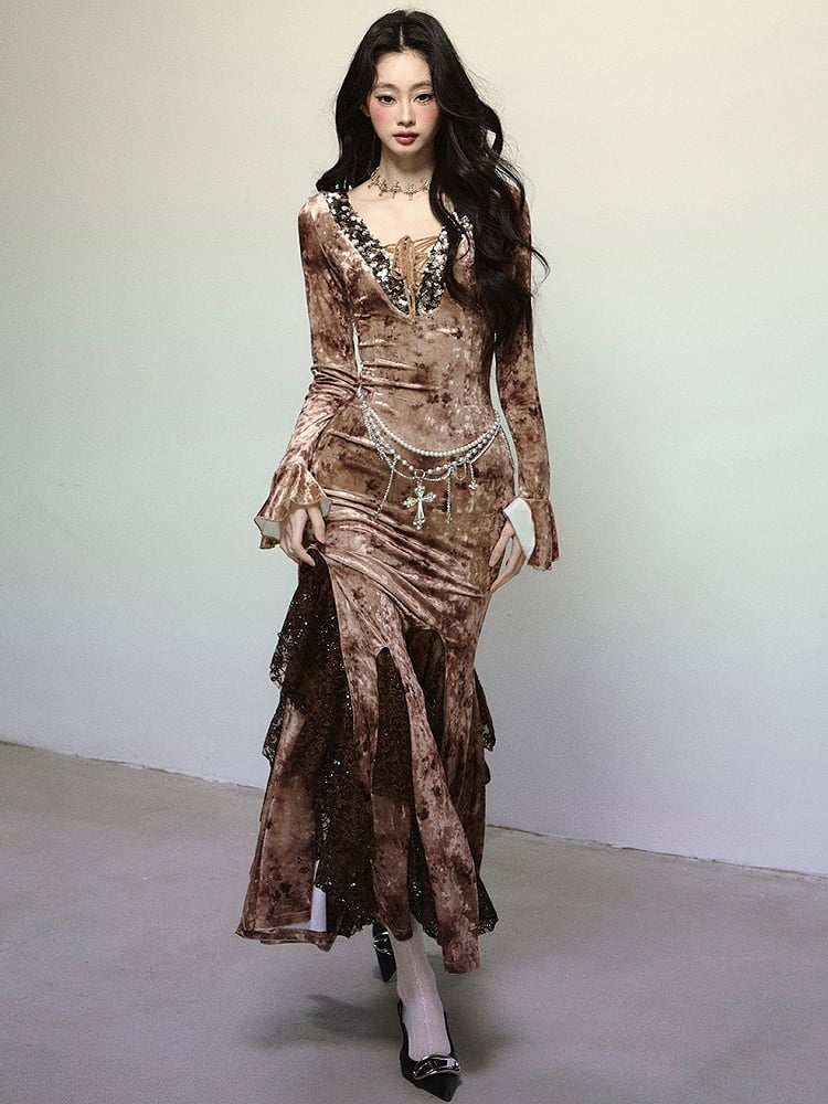 Kaffee Pailletten V-Ausschnitt Hohe Taille Spitze Patchwork Volant Meerjungfrau Rock Samtkleid Abendkleid
