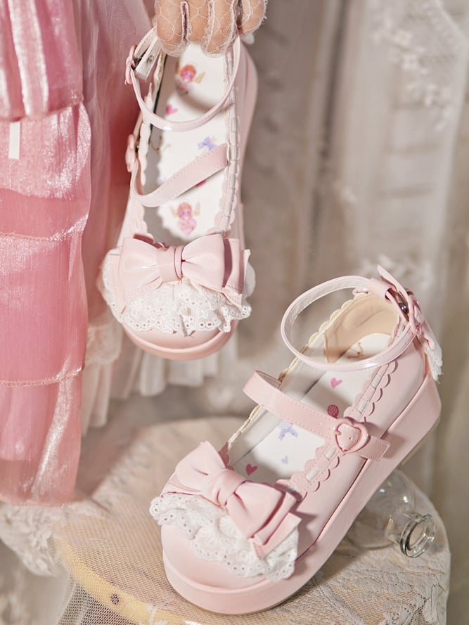 Baby Pink Bow at Top Lace Trim Heart Buckles Platforms – LilyVow