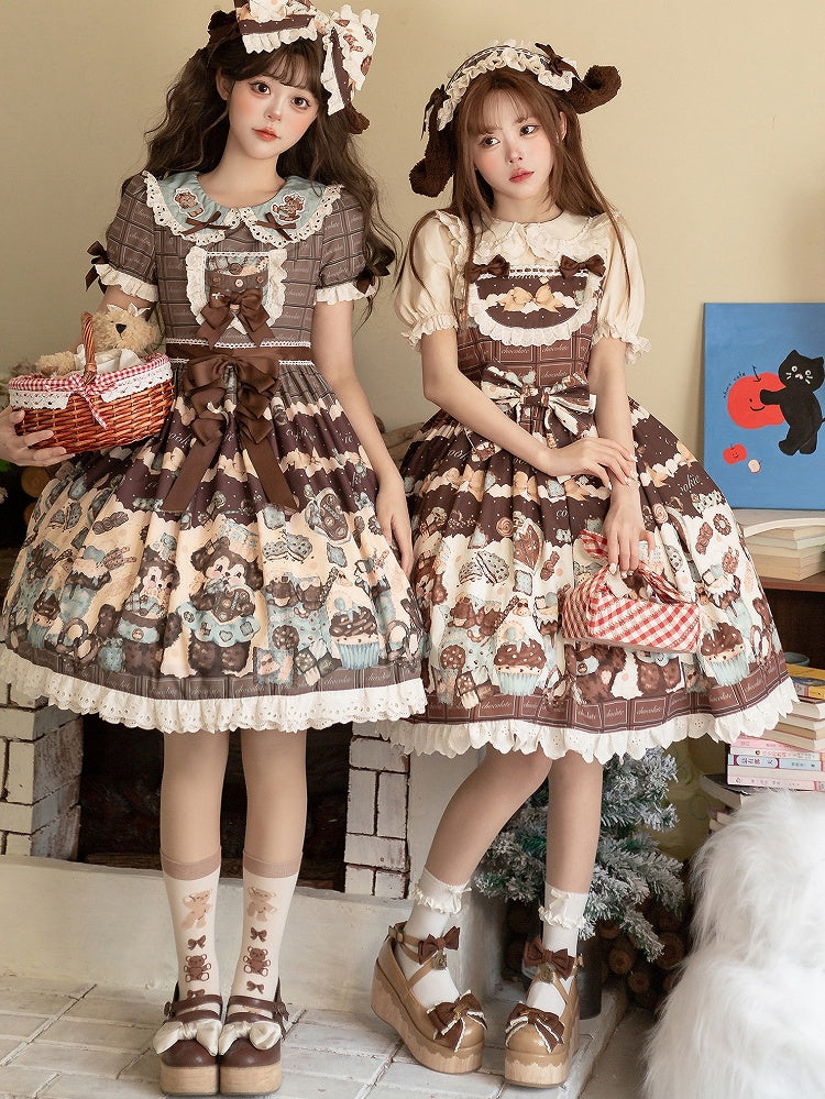 Cookies Lolita Waist Sweet Cute JSK Brown High and Fluffy Set Puppy Full Print