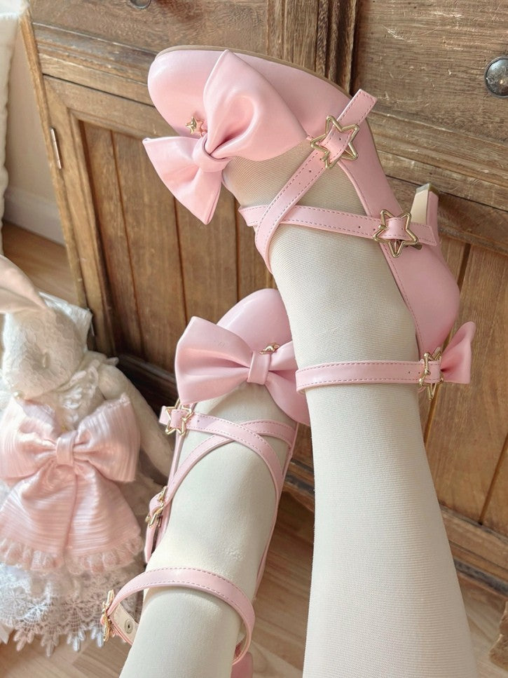 Heels Pink Top Bow Star Straps Buckle High at