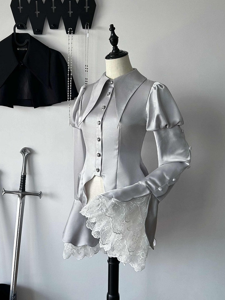 シルバーロリータスリーブ王子テールロングカラーフォールドオーバーポインテッドシャツ