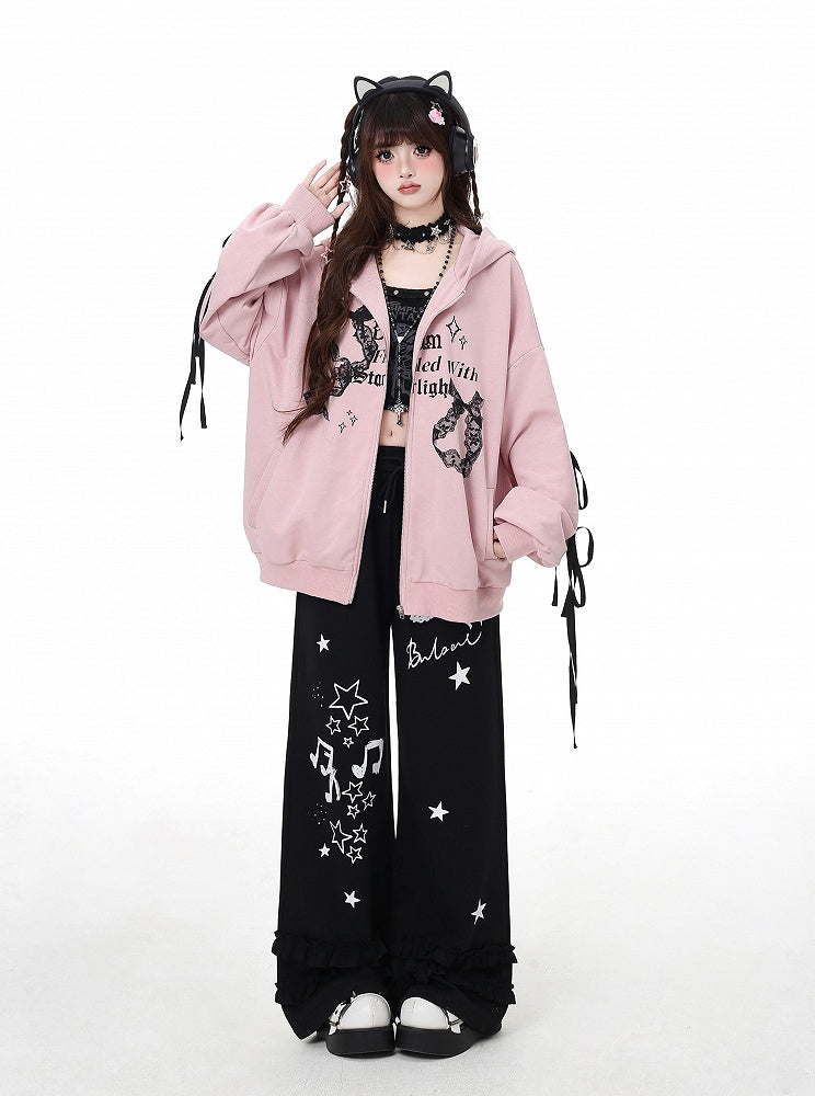 Pink Lace Embellished Zip Closure Graphic Hoodie