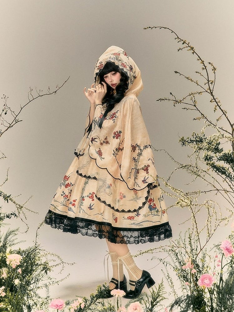 Classic Beige Lolita Cape with Chinese Embroidered Motifs - Yimu Walnut
