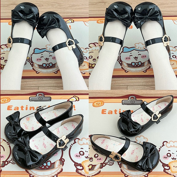Lolita Accent Sweet Toe Bow Heels Bunny Black Round with PU - Low Buckle Front