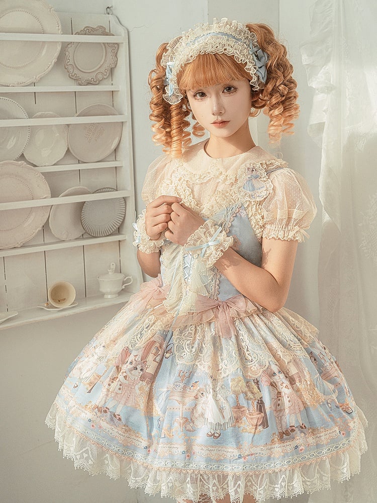 Mieder Full Kitty JSK Tee Korsett Baby Lolita Set Print Süßes blaues Partykleid