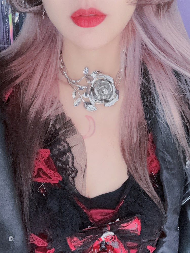 Y2K Silver Metal Rose Choker