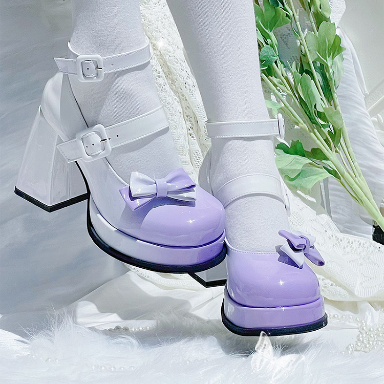 Gradient Purple Detachable Bowknot Platform High Block Heels Lolita Shoes