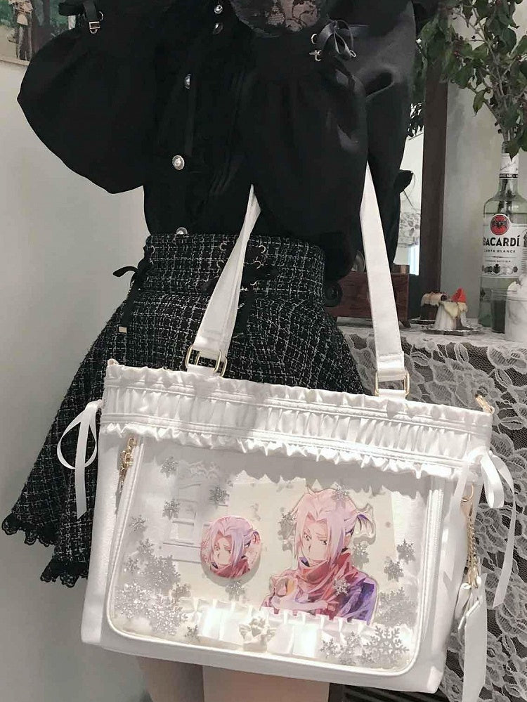 Ruffled Trim Ita Bag Ribbon Bow Large White Capacity Tote