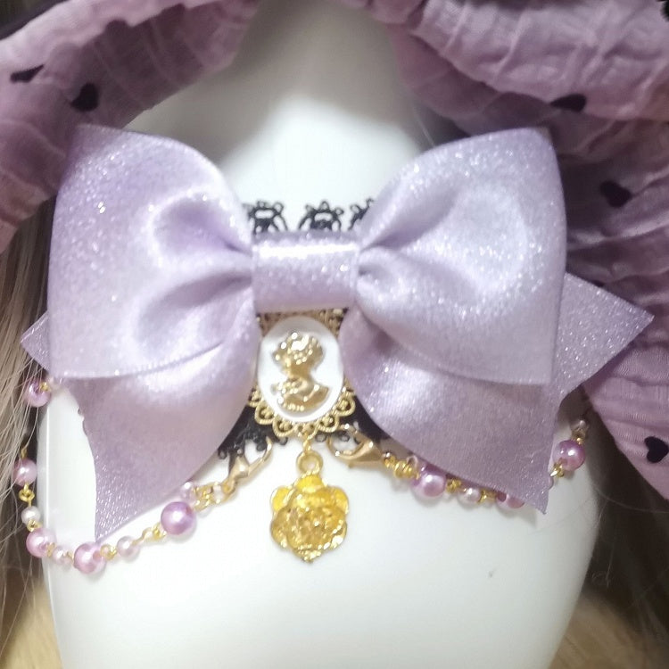 Choker with Lolita Purple Black Details Bead Bowknot