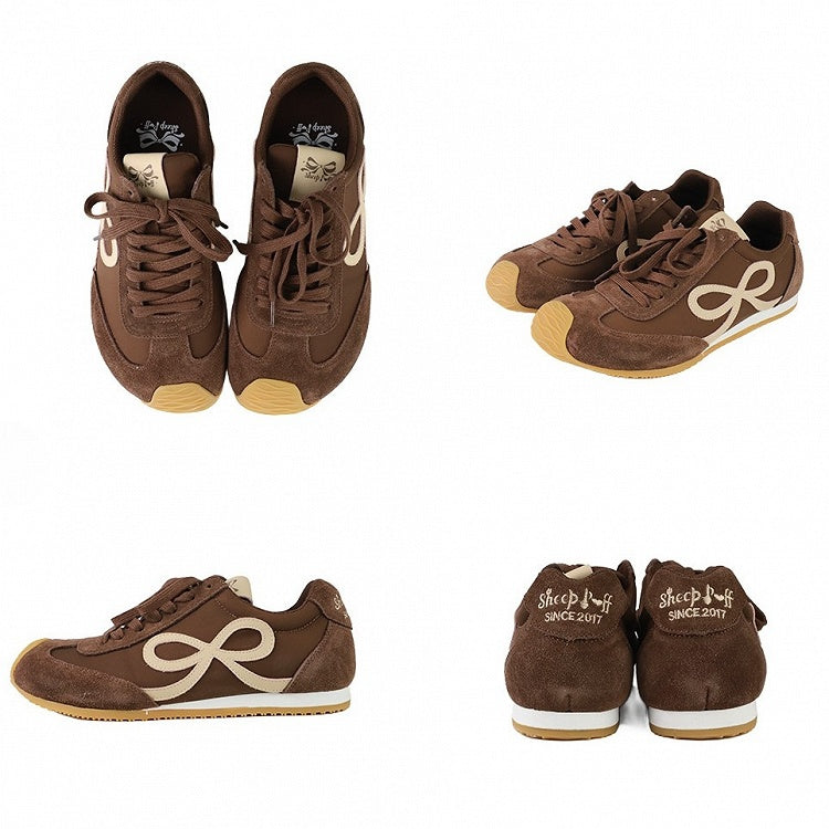 Design Bowknot Ties Front Lace-up Brown Sneakers