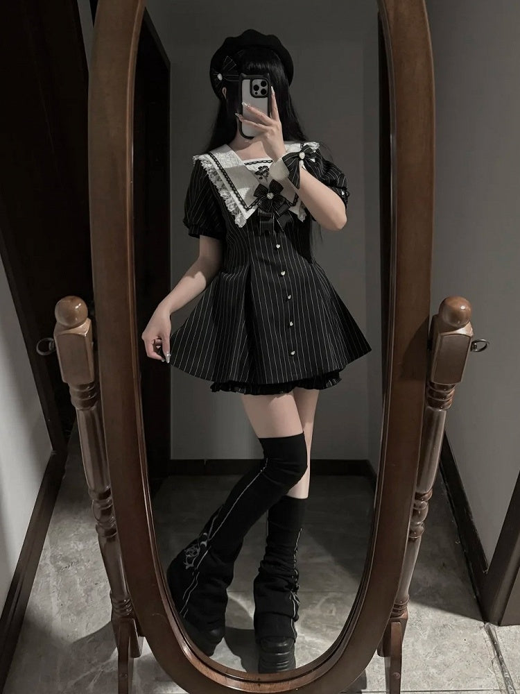 Black Striped Sailor Collar Short-Sleeve Dress with Cherry Blossom Embroidery and Matching Shorts - Dream Core Waves