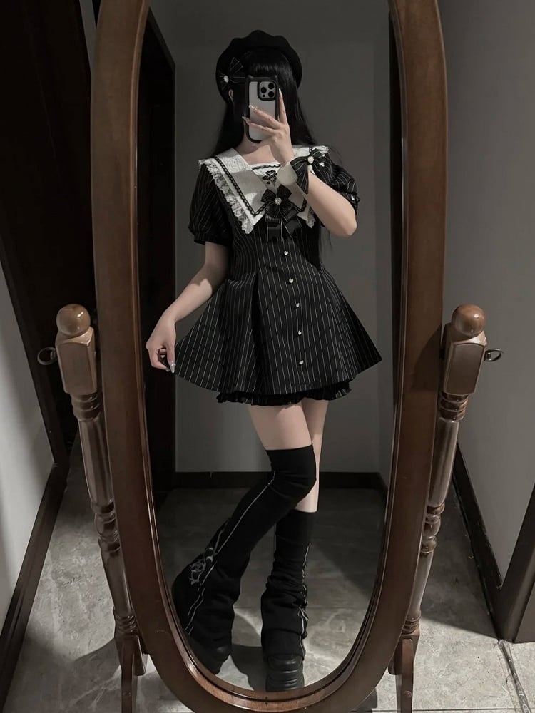 Black Jirai Kei Sailor Collar Dress with Striped Lace Trim, Cherry Blossom Embroidery, Shorts & Bow Tie Set - Dream Core Waves