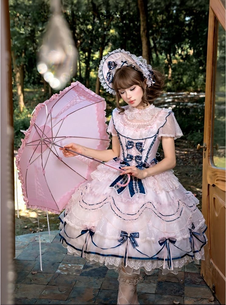 Sweet Bowknot & Embroidery JSK Dress with Lace Trim & Overlay - Mademoiselle Pearl