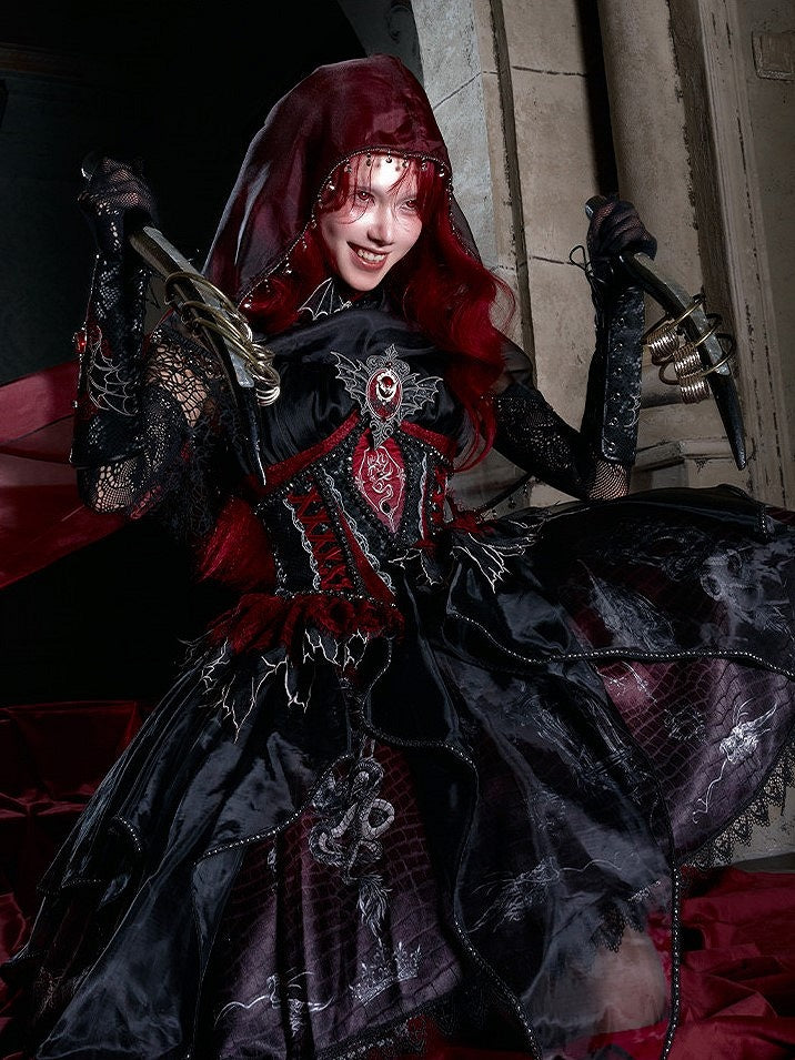 Black & Red Bone Dragon Embroidery Halter Neck Gothic Lolita Dress Set - Ying Luo Fu