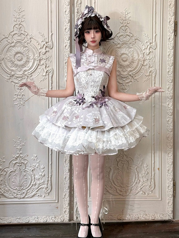 Strapless Floral Lace Layered Lolita Gown - Yimu Walnut