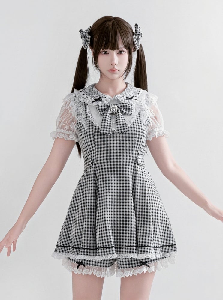 Black & White Plaid Bow Lace Dress with Shorts - Ostslheep