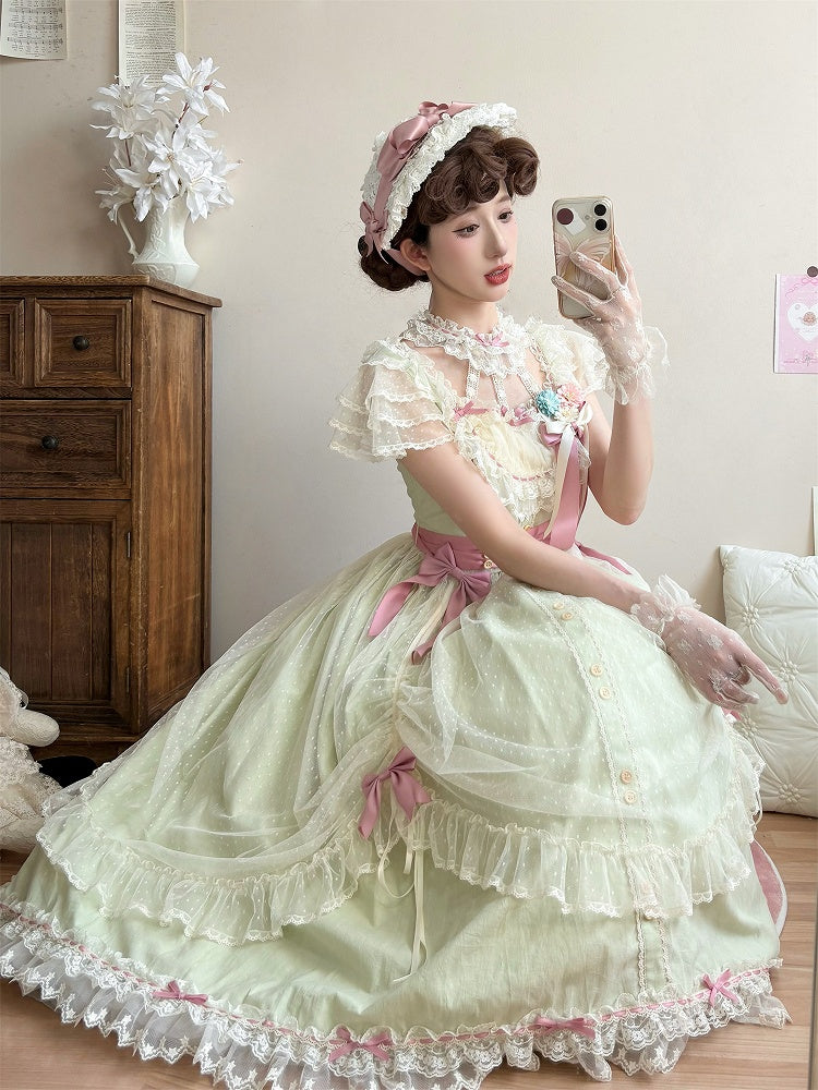 Bow Elegant Lolita Light Green Details Lace with Long and Classic Dress Version