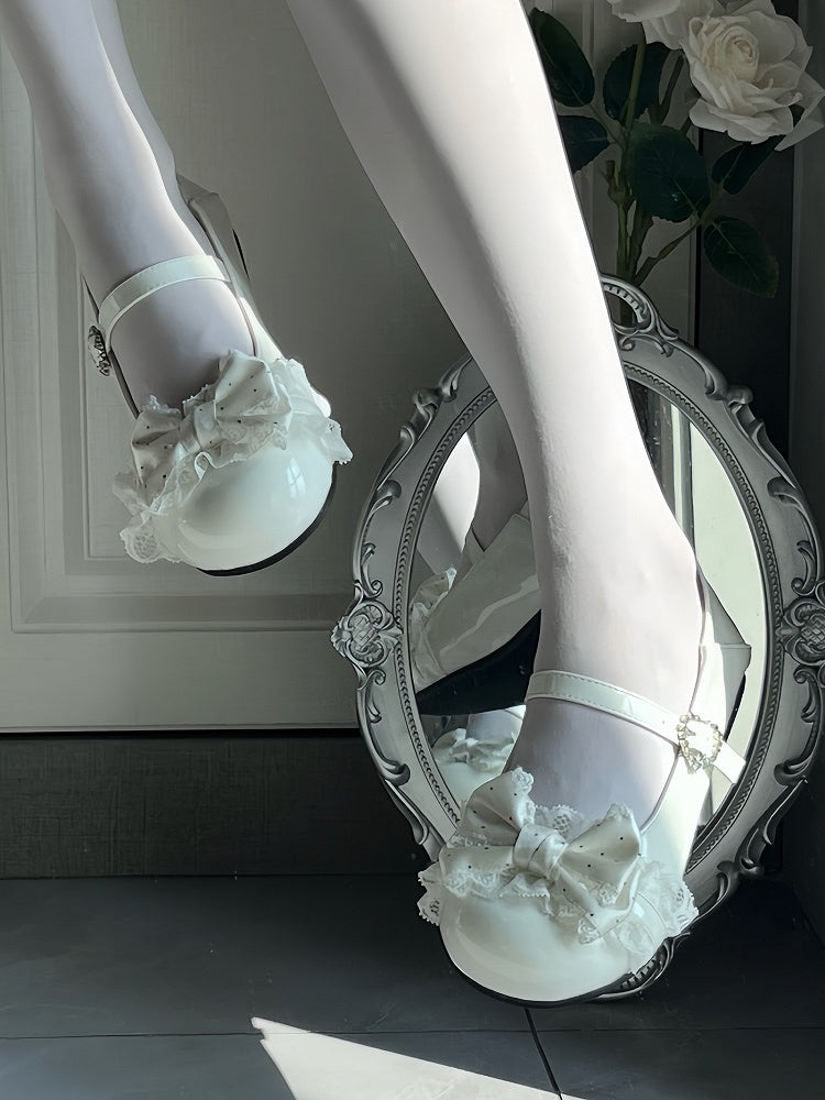 Round Toe White Mary Jane Flats - Dot Print Bow Accent, Lace Edging & Rhinestone Heart Closure