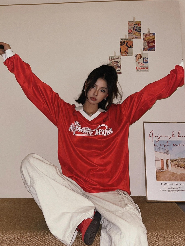 Red Sweatshirt White with Sport Vintage Stripes Side