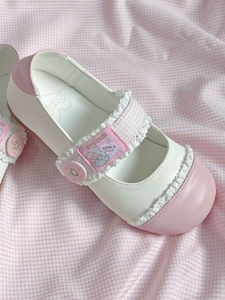 Strap Closures Plaid Lolita Flats White Toe Lace - Pink Trim Sweet Round Velcro