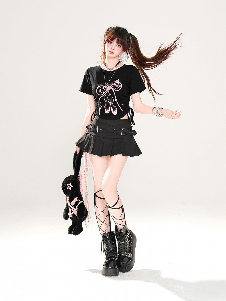 Glamorous Bowknot Schwarz/Gelb/Pink Cropped T-Shirt Kordelzug Taille Akzent