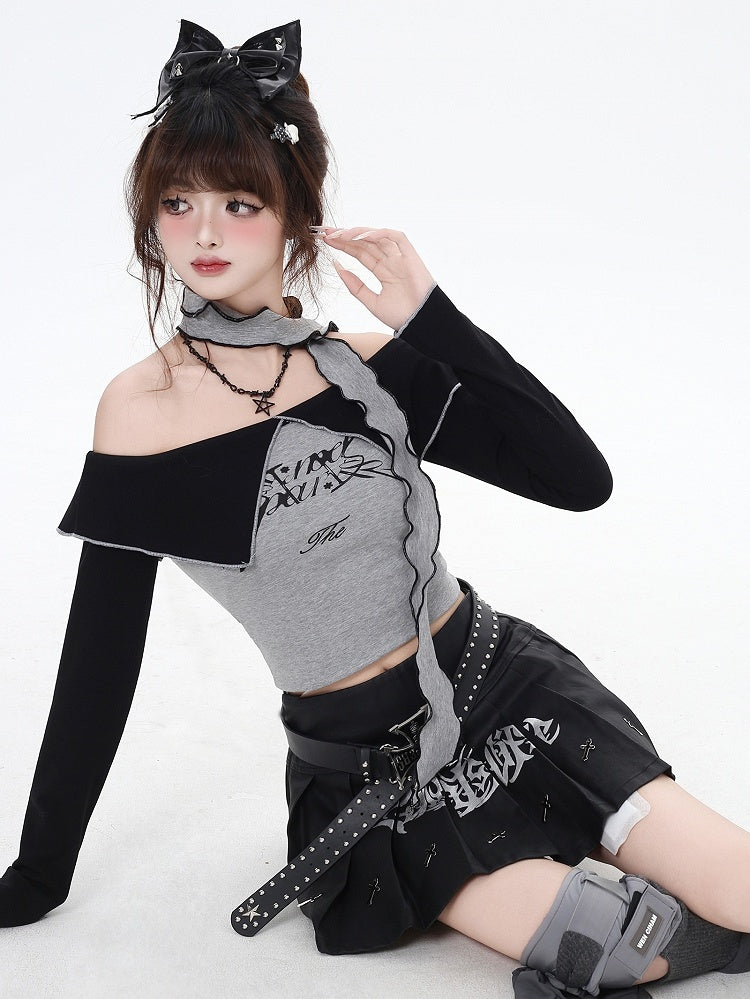 Grey Letters Off-the-shoulder Neckline Cropped Top with Free Scarf