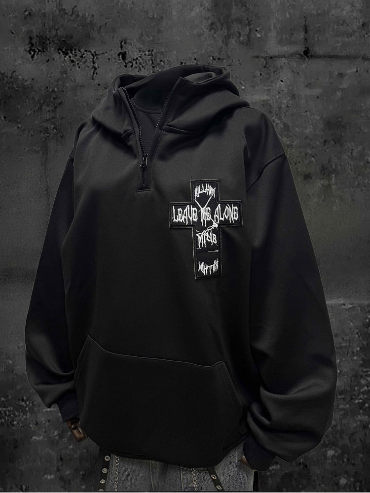 Partial Zip with Black Hoodie Placket Embroidery Applique Cross and Y2K
