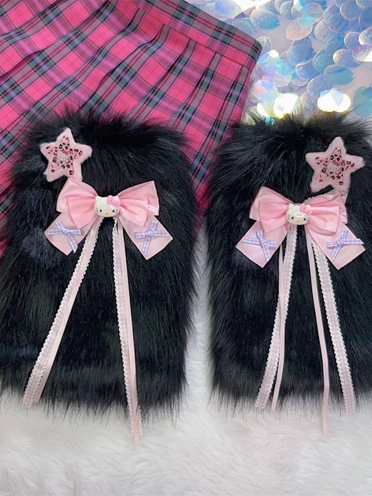 Rosa/Schwarze Y2K-Beinwärmer mit Stern und Kätzchen-Schleife