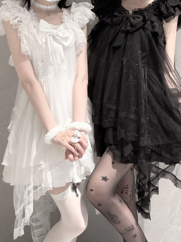 Onyx Landmine Trio: Camisole Dress, Asymmetric Tulle Overlay, Choker - Pink Rabbit