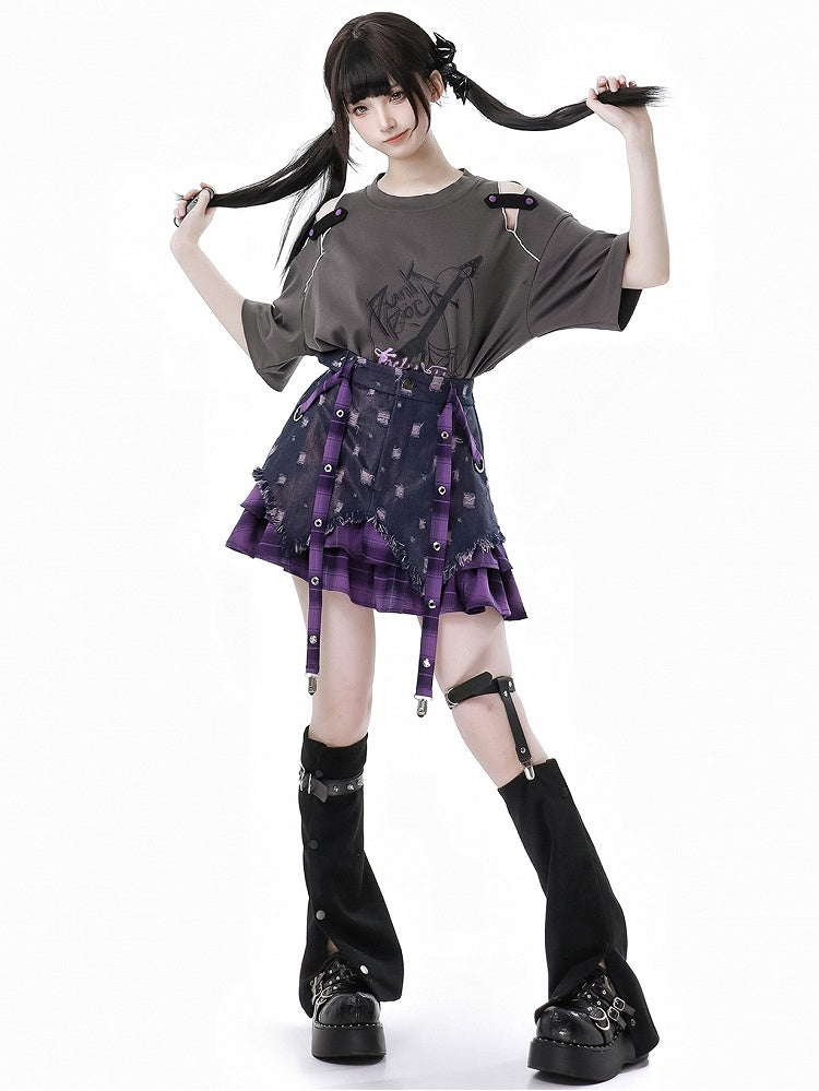 Dusty Gray Cutout Shoulder Slit Hem Punk Rock Graphic T-Shirt