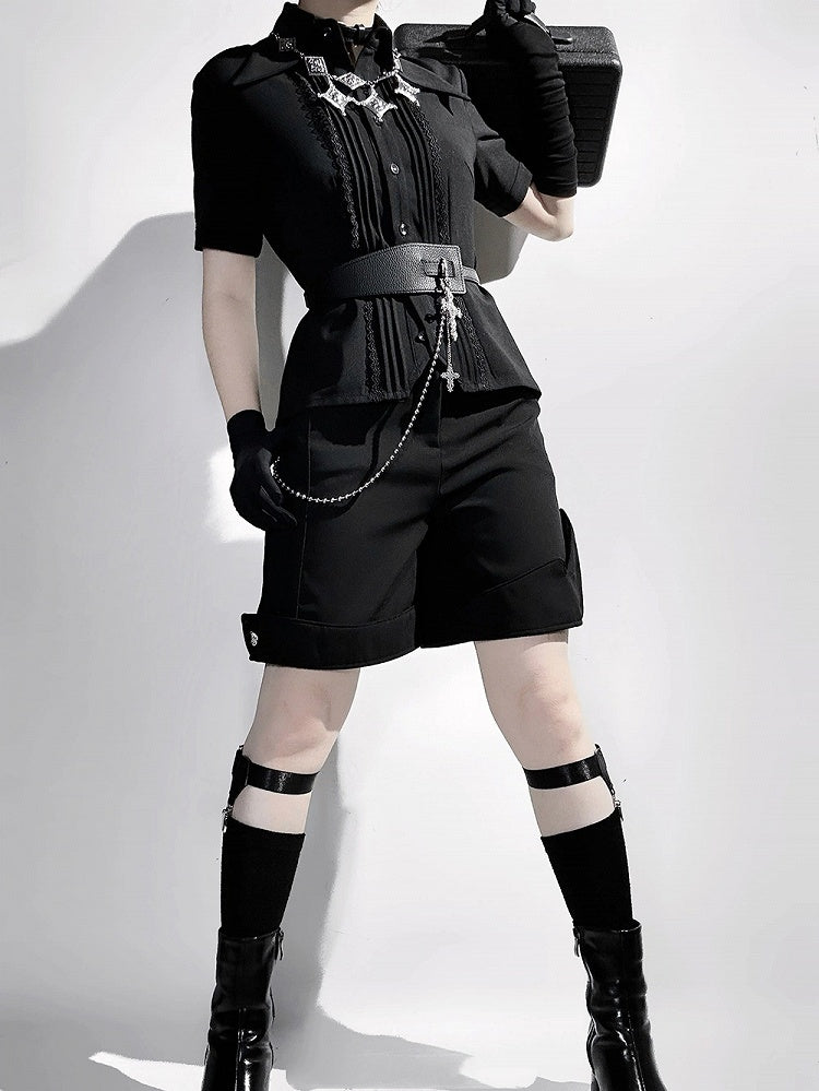 ジャボ ロリータ カラー ブラック フォールドオーバー ショート ファッション スリーブ シャツ 尖った王子