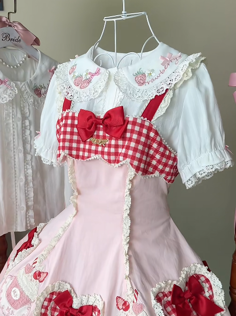 Short-Sleeve with Blouse Lolita White Ruffled Embroidery Pink Strawberry